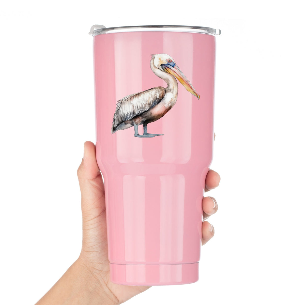 Walking Pelican UV DTF sticker applied to a pink tumbler