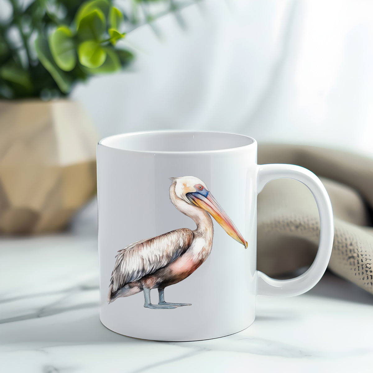 Walking Pelican UV DTF sticker applied to a white coffee mug
