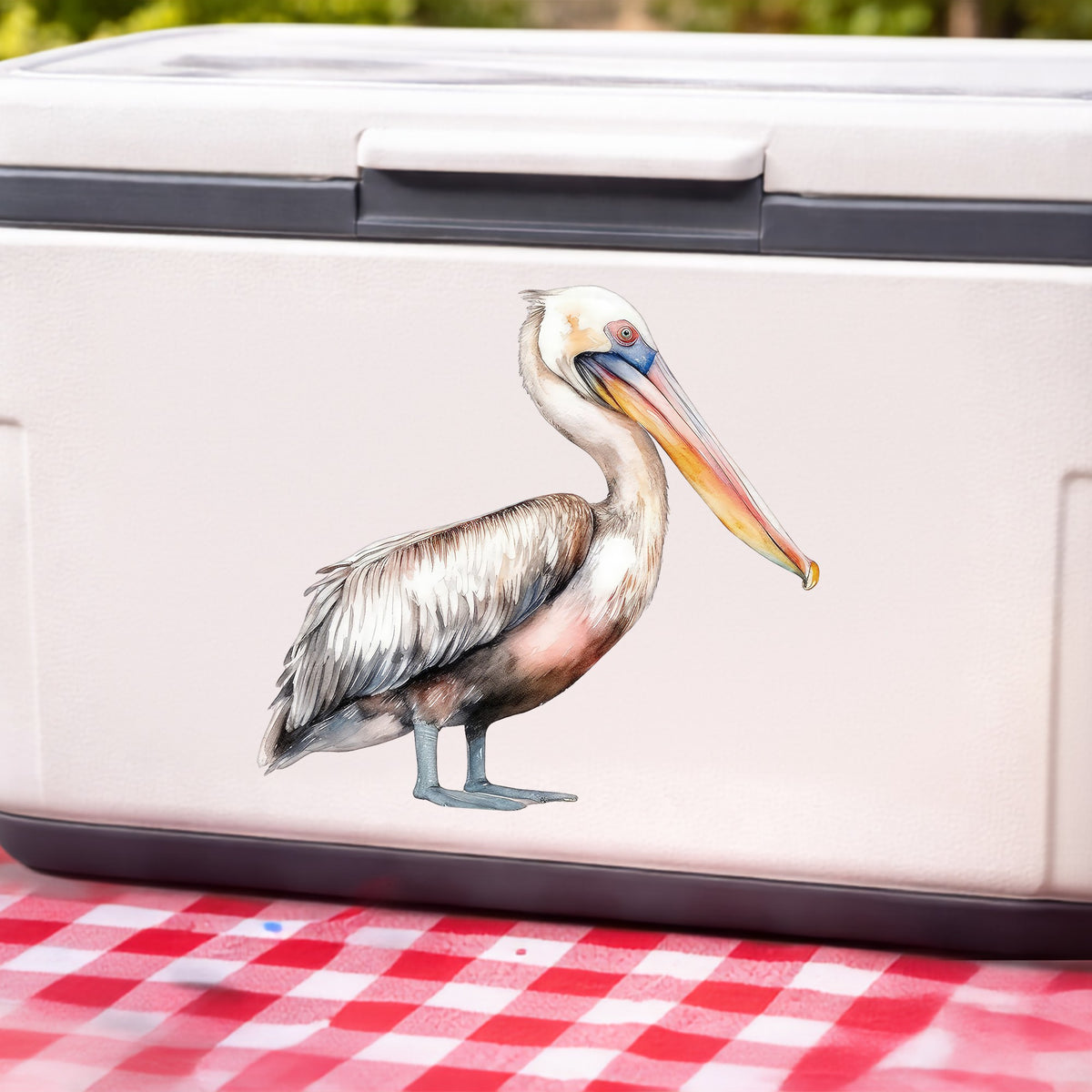 Walking Pelican UV DTF sticker applied to a white cooler