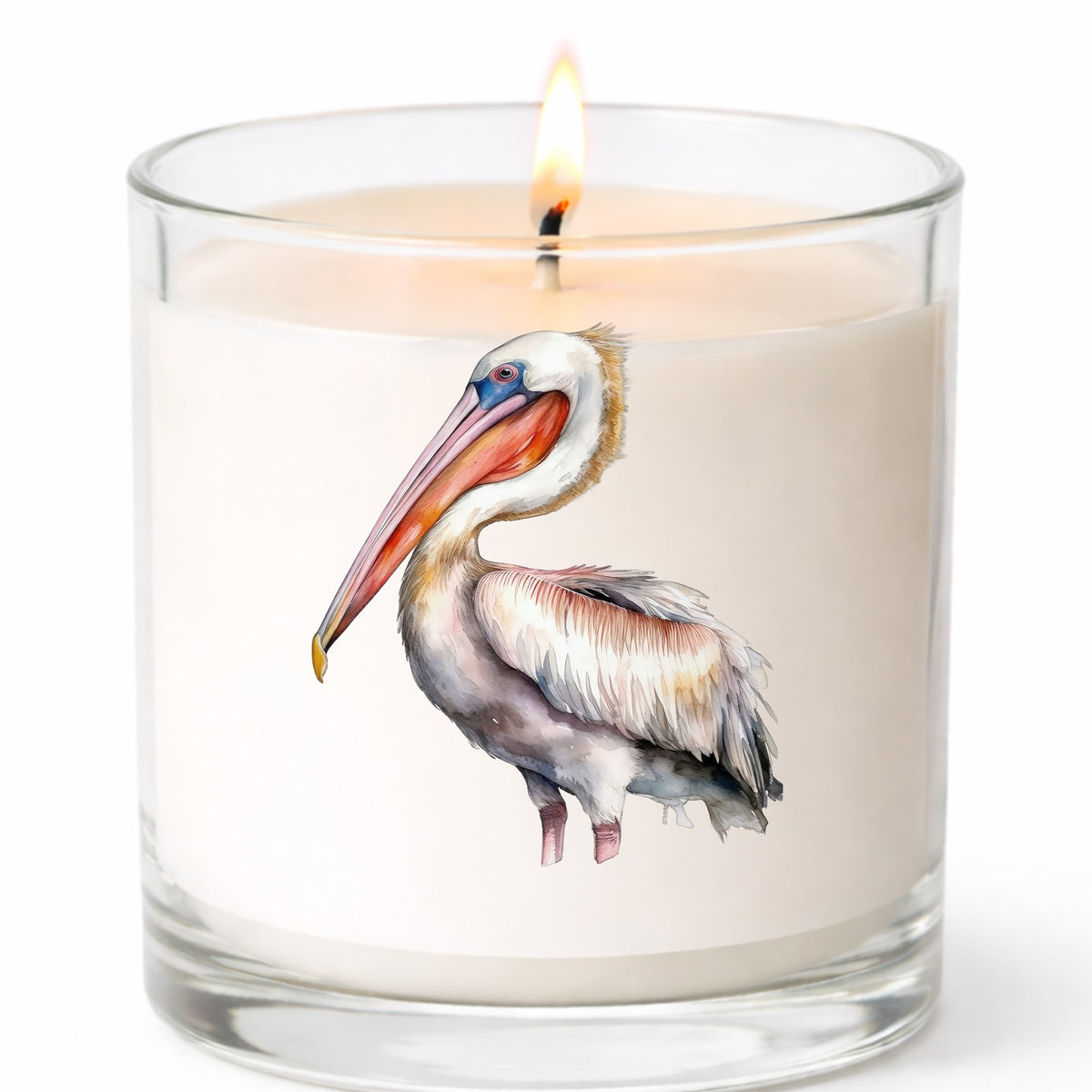 Brown Neck Pelican UV DTF sticker applied to a candle jar