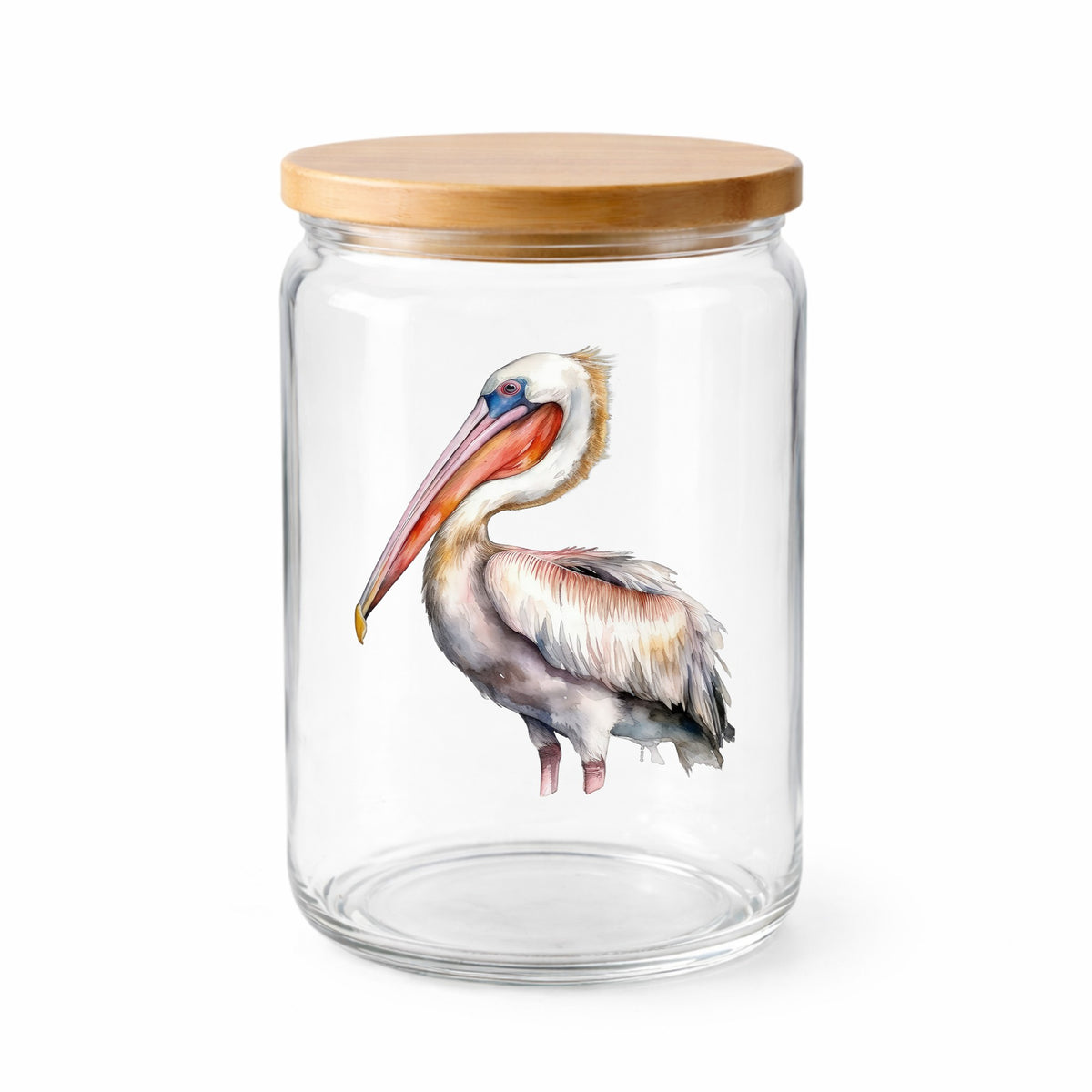 Brown Neck Pelican UV DTF sticker applied to a clear glass jar with lid
