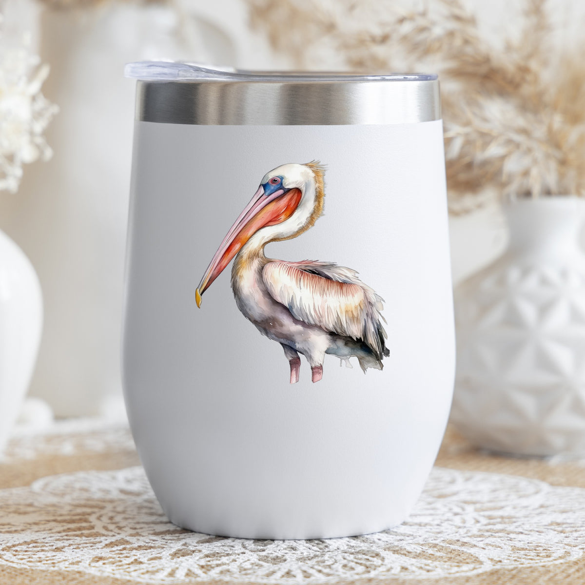Brown Neck Pelican UV DTF sticker applied to a stemless wine glass