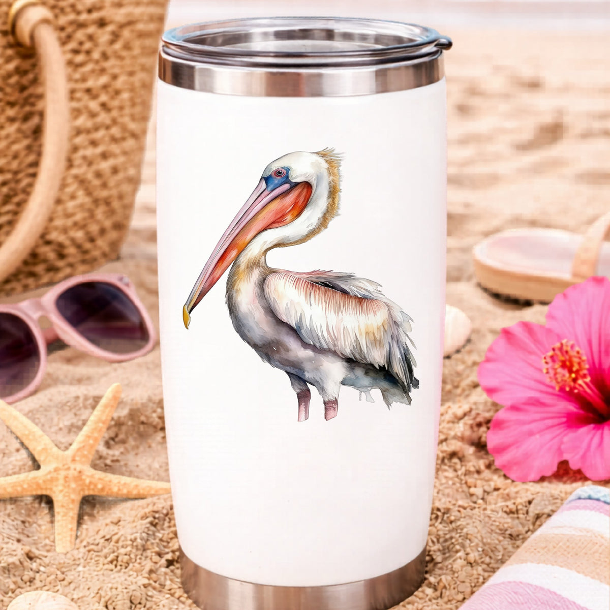 Brown Neck Pelican UV DTF sticker applied to a water bottle at the beach