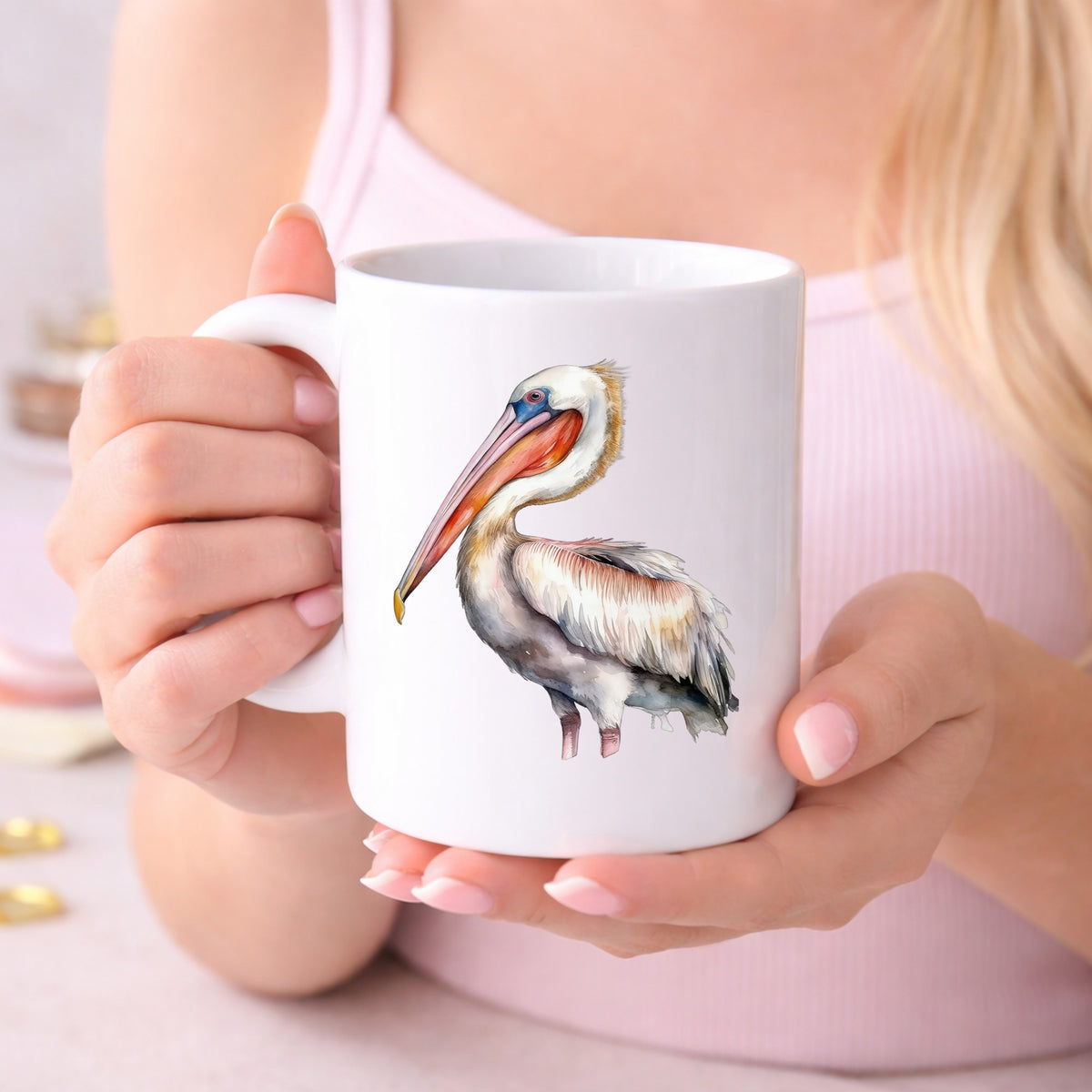 Brown Neck Pelican UV DTF sticker displayed on a white coffee mug