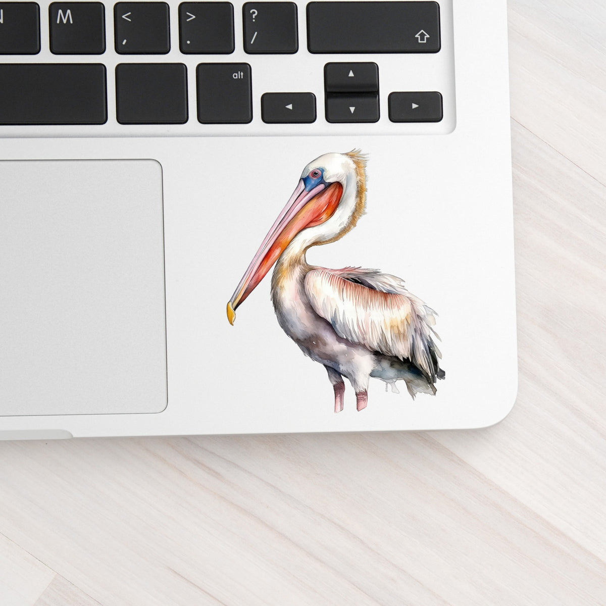 Brown Neck Pelican UV DTF sticker applied to a laptop beside the keyboard