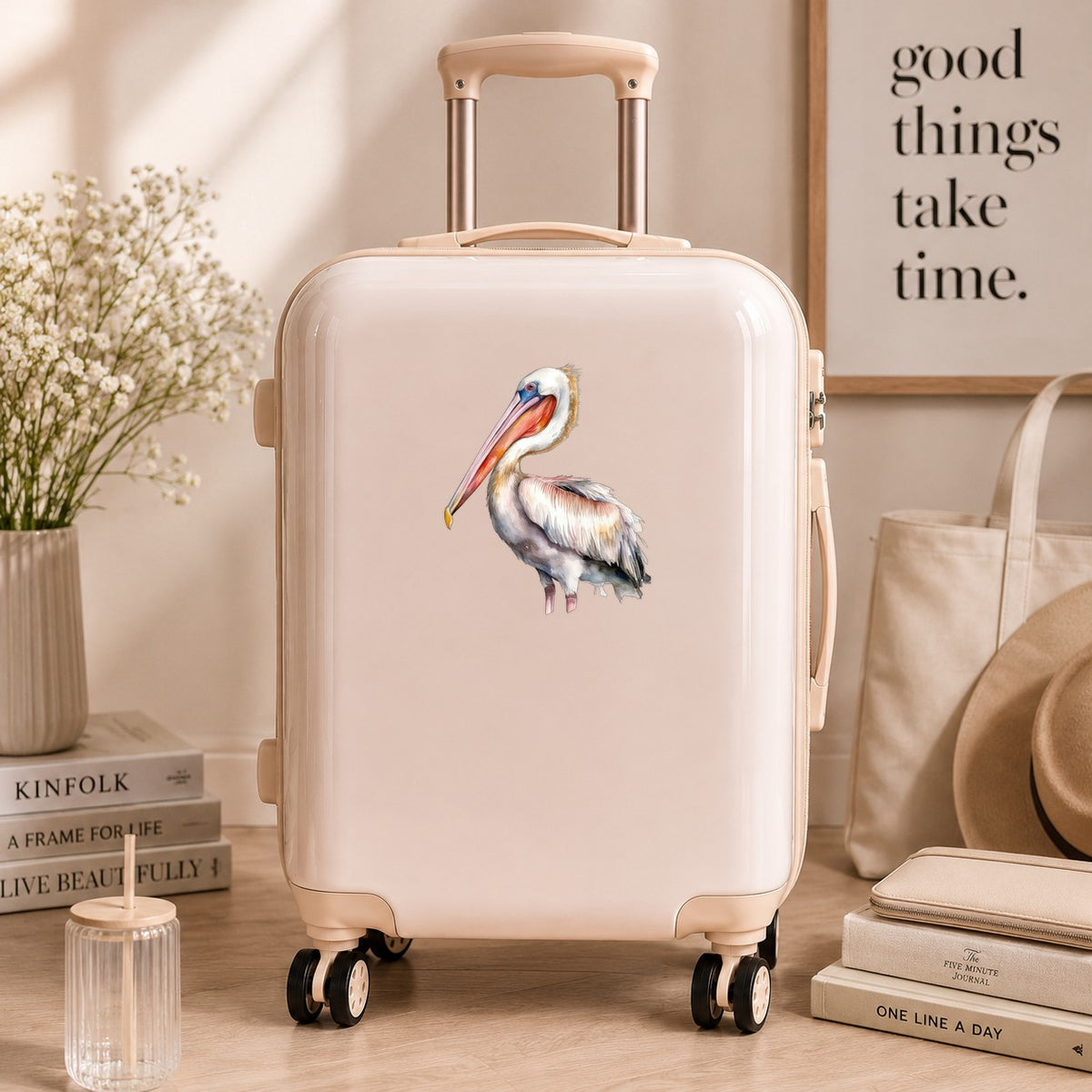 Brown Neck Pelican UV DTF sticker applied to a neutral suitcase