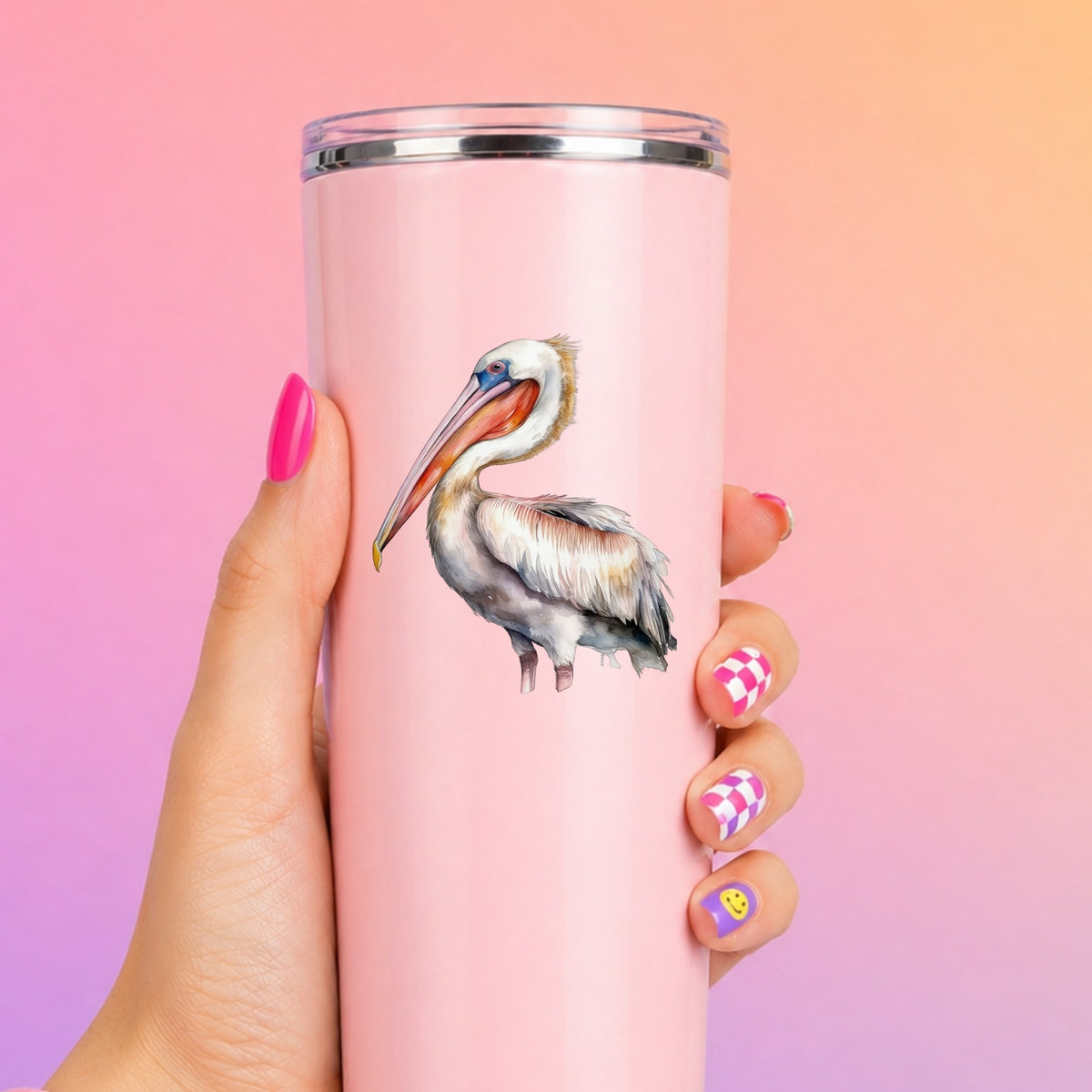 Brown Neck Pelican UV DTF sticker applied to a pink tumbler