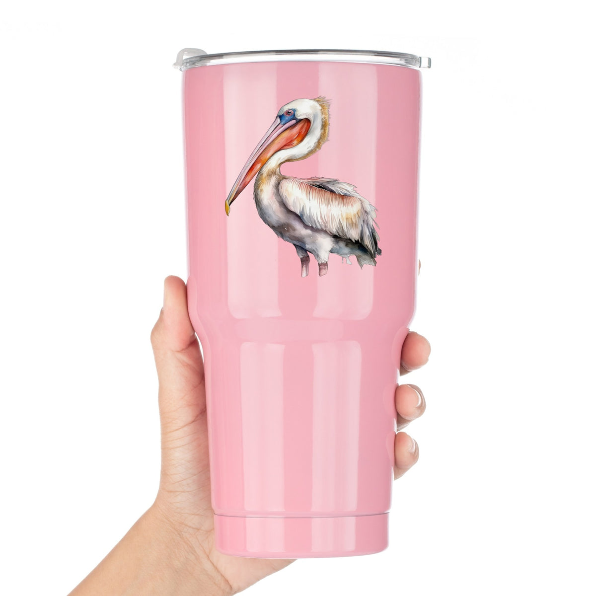 Brown Neck Pelican UV DTF sticker applied to a pink tumbler