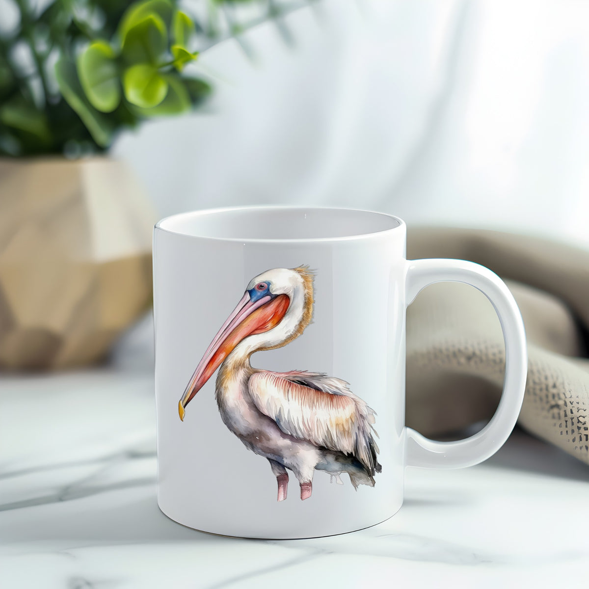 Brown Neck Pelican UV DTF sticker applied to a white coffee mug