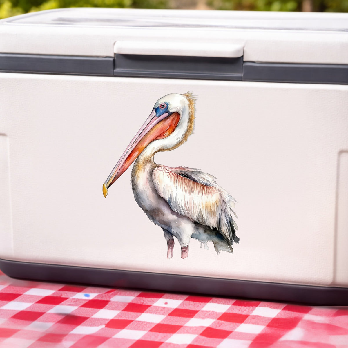 Brown Neck Pelican UV DTF sticker applied to a white cooler