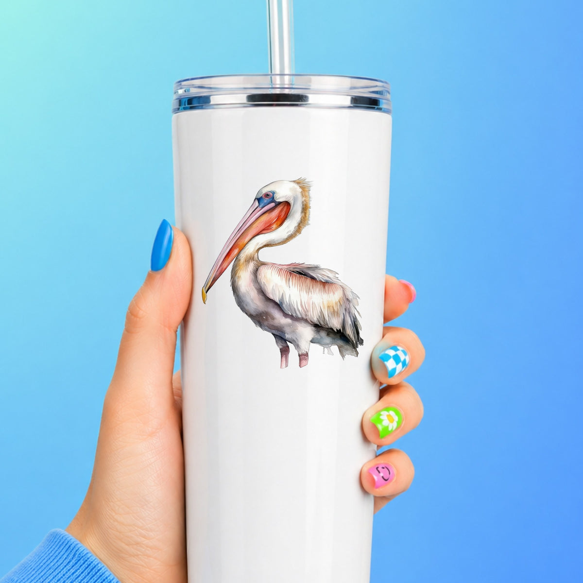 Brown Neck Pelican UV DTF sticker applied to a white tumbler