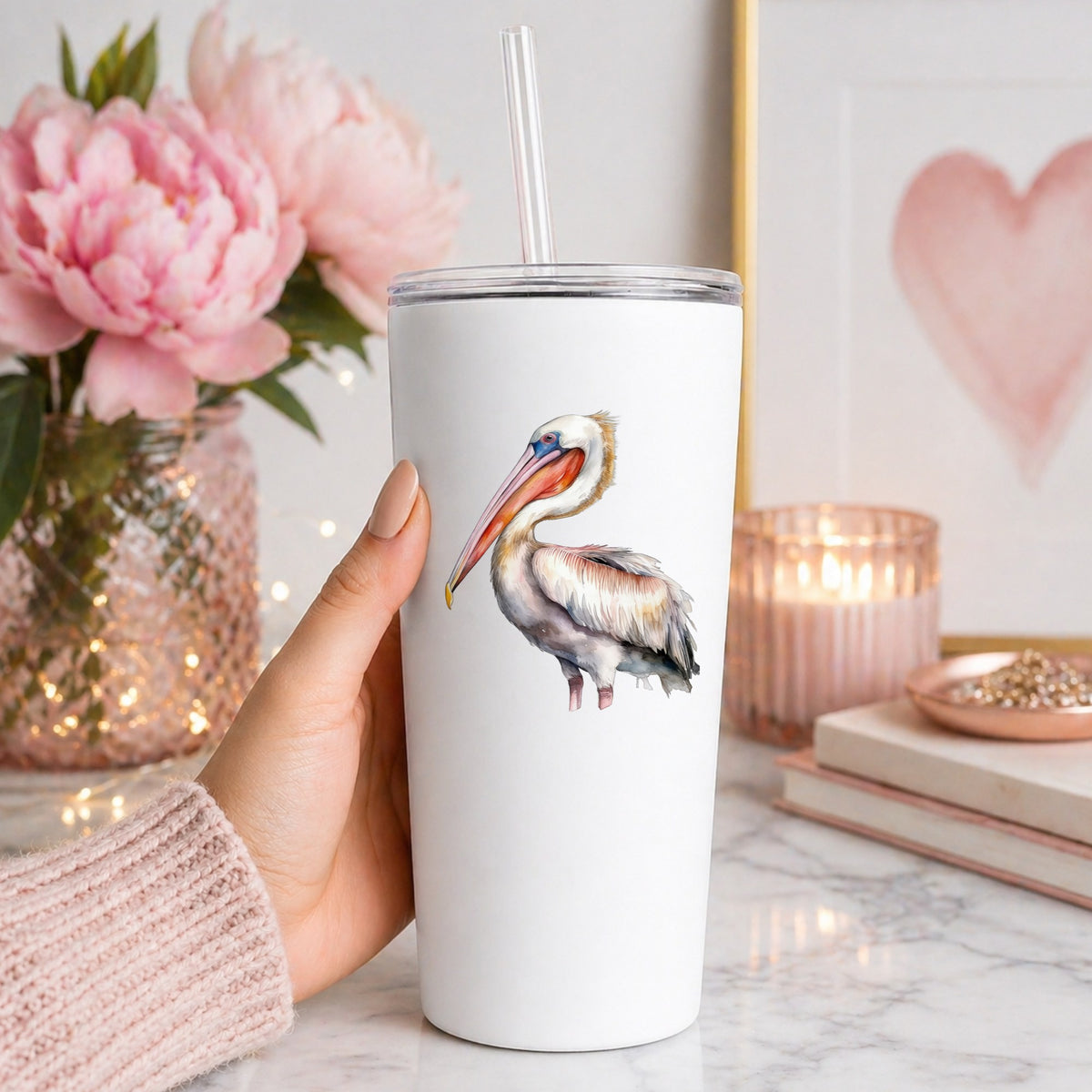 Brown Neck Pelican UV DTF sticker applied to a white tumbler