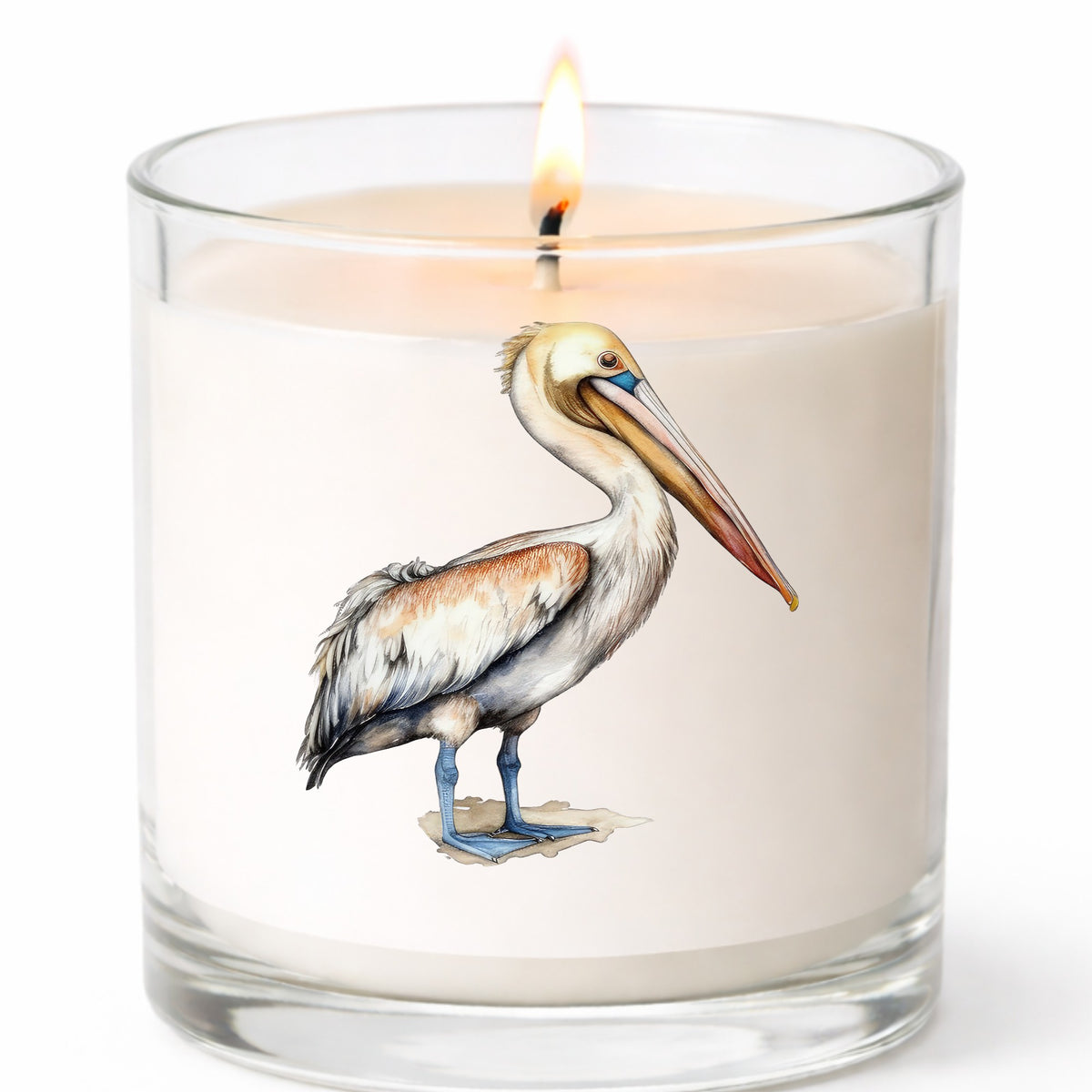 Rust Wing Pelican UV DTF sticker applied to a candle jar