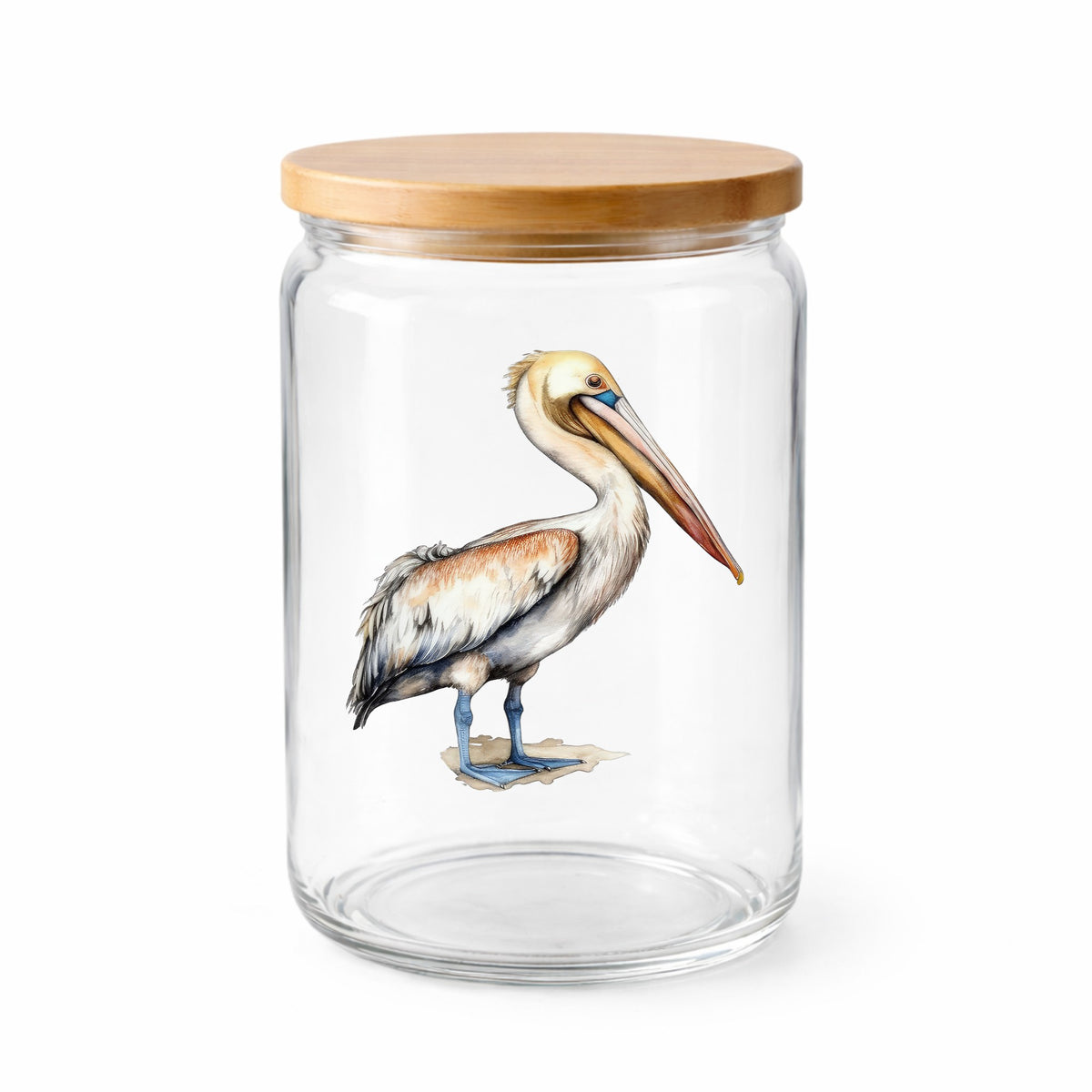 Rust Wing Pelican UV DTF sticker applied to a clear glass jar with lid