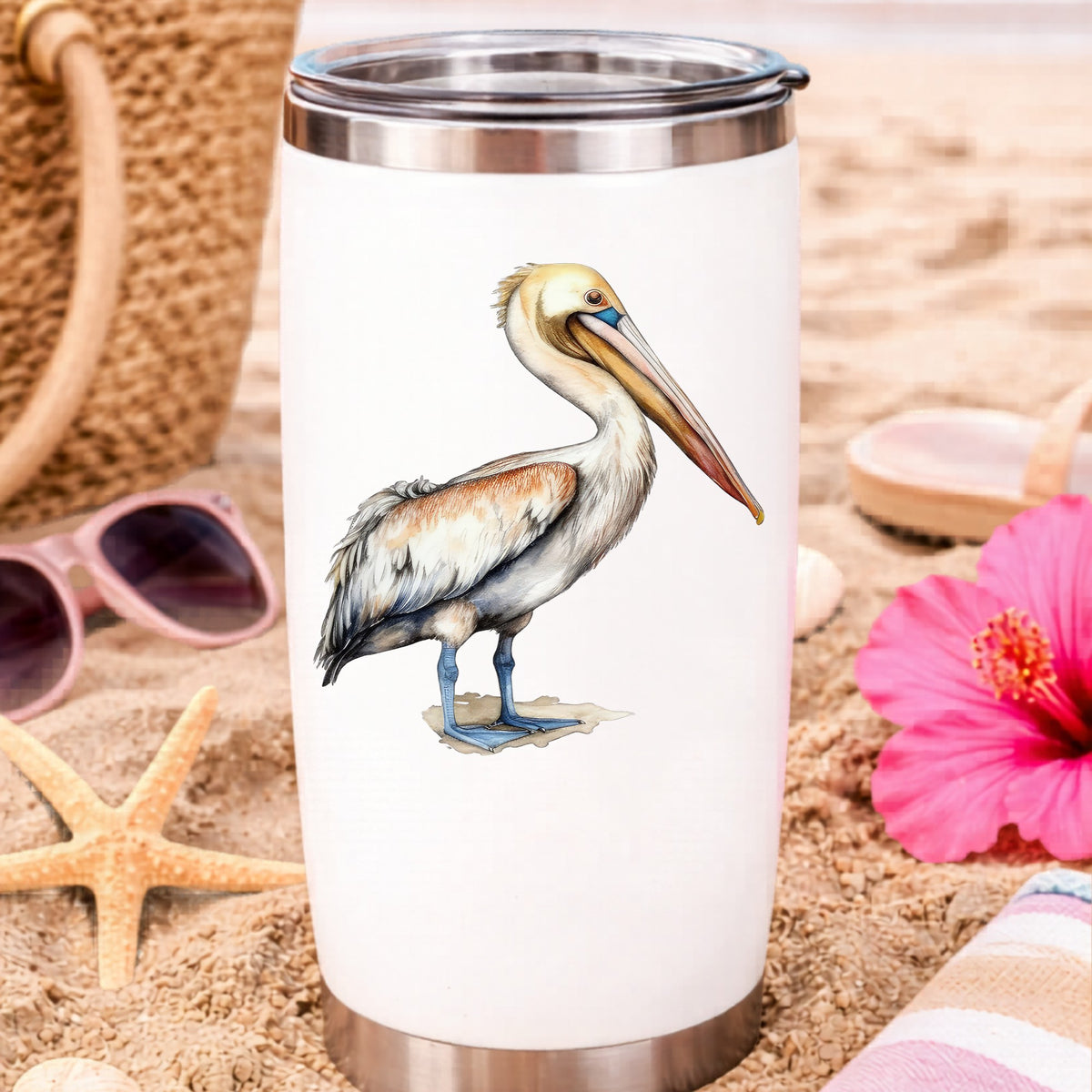 Rust Wing Pelican UV DTF sticker applied to a water bottle at the beach