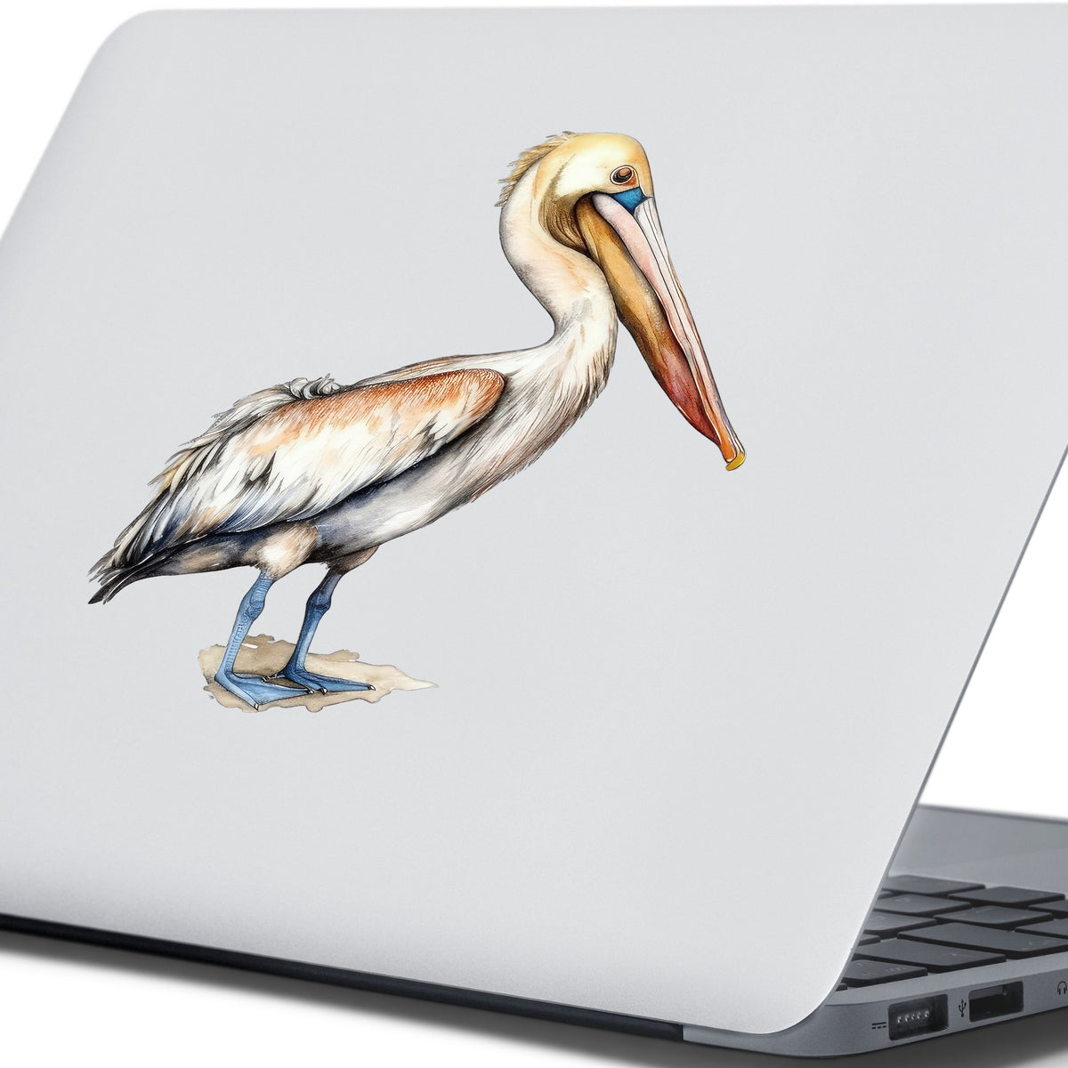 Rust Wing Pelican UV DTF sticker applied to a laptop