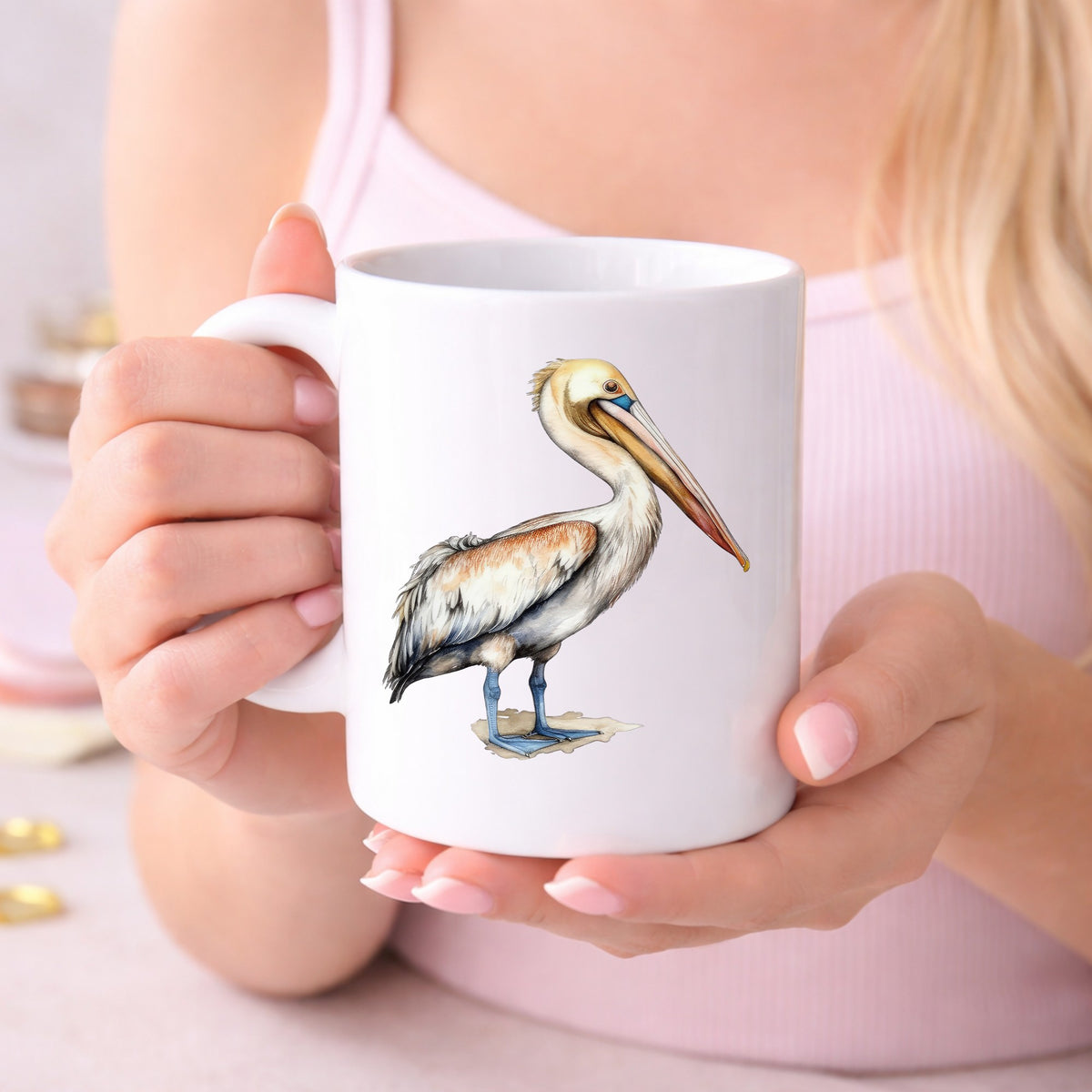 Rust Wing Pelican UV DTF sticker displayed on a white coffee mug