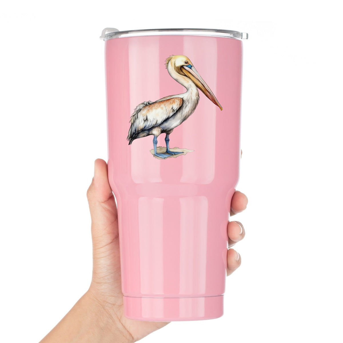 Rust Wing Pelican UV DTF sticker applied to a pink tumbler