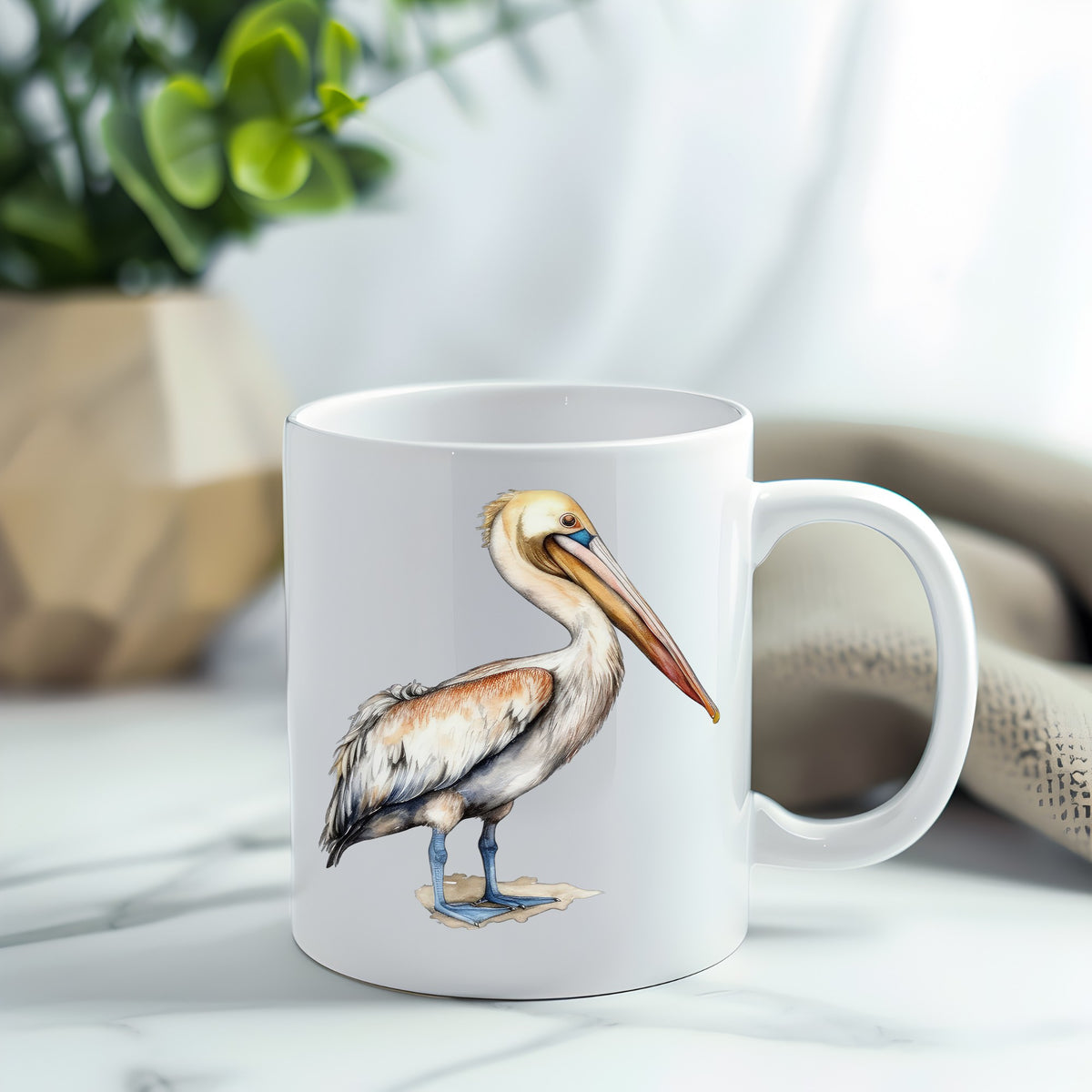Rust Wing Pelican UV DTF sticker applied to a white coffee mug