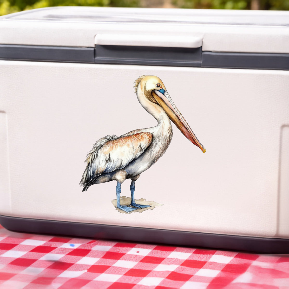 Rust Wing Pelican UV DTF sticker applied to a white cooler