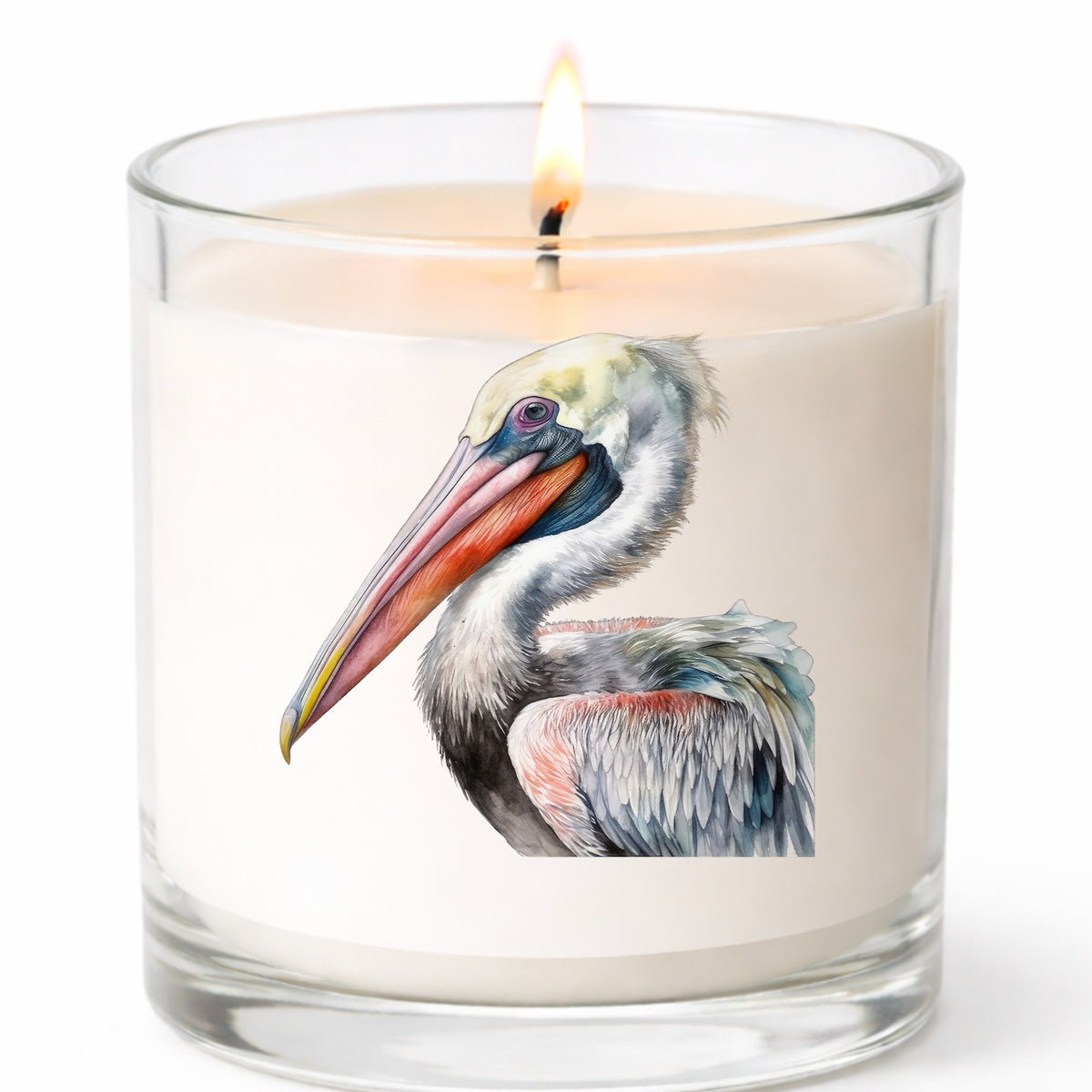 Pelican Portrait UV DTF sticker applied to a candle jar
