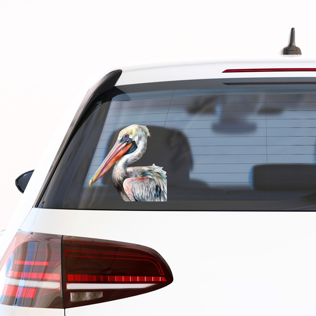 Pelican Portrait UV DTF sticker applied to a car window