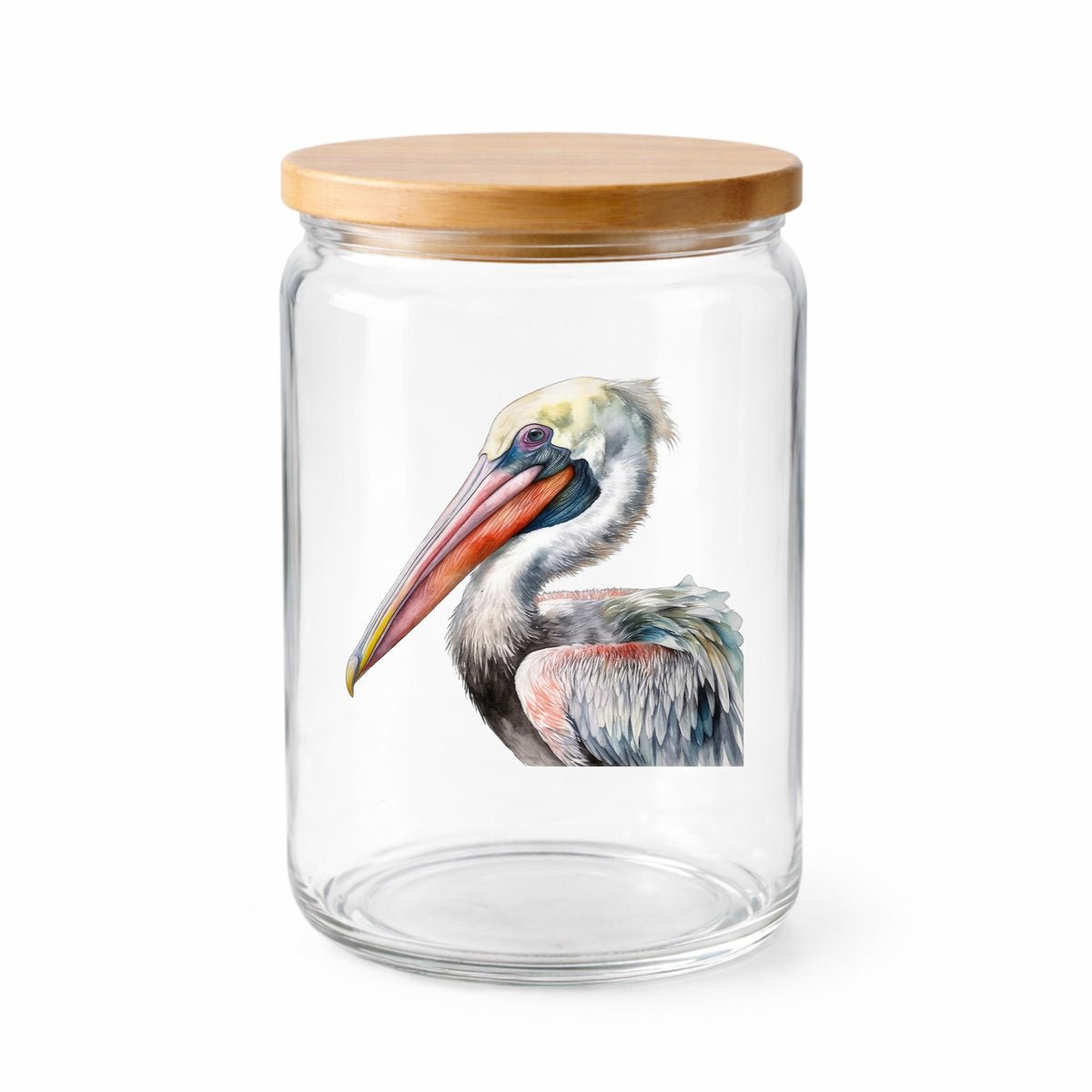 Pelican Portrait UV DTF sticker applied to a clear glass jar with lid