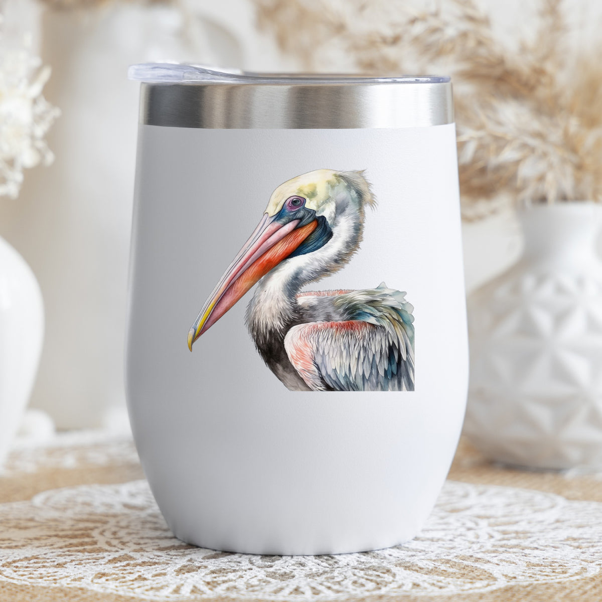 Pelican Portrait UV DTF sticker applied to a stemless wine glass