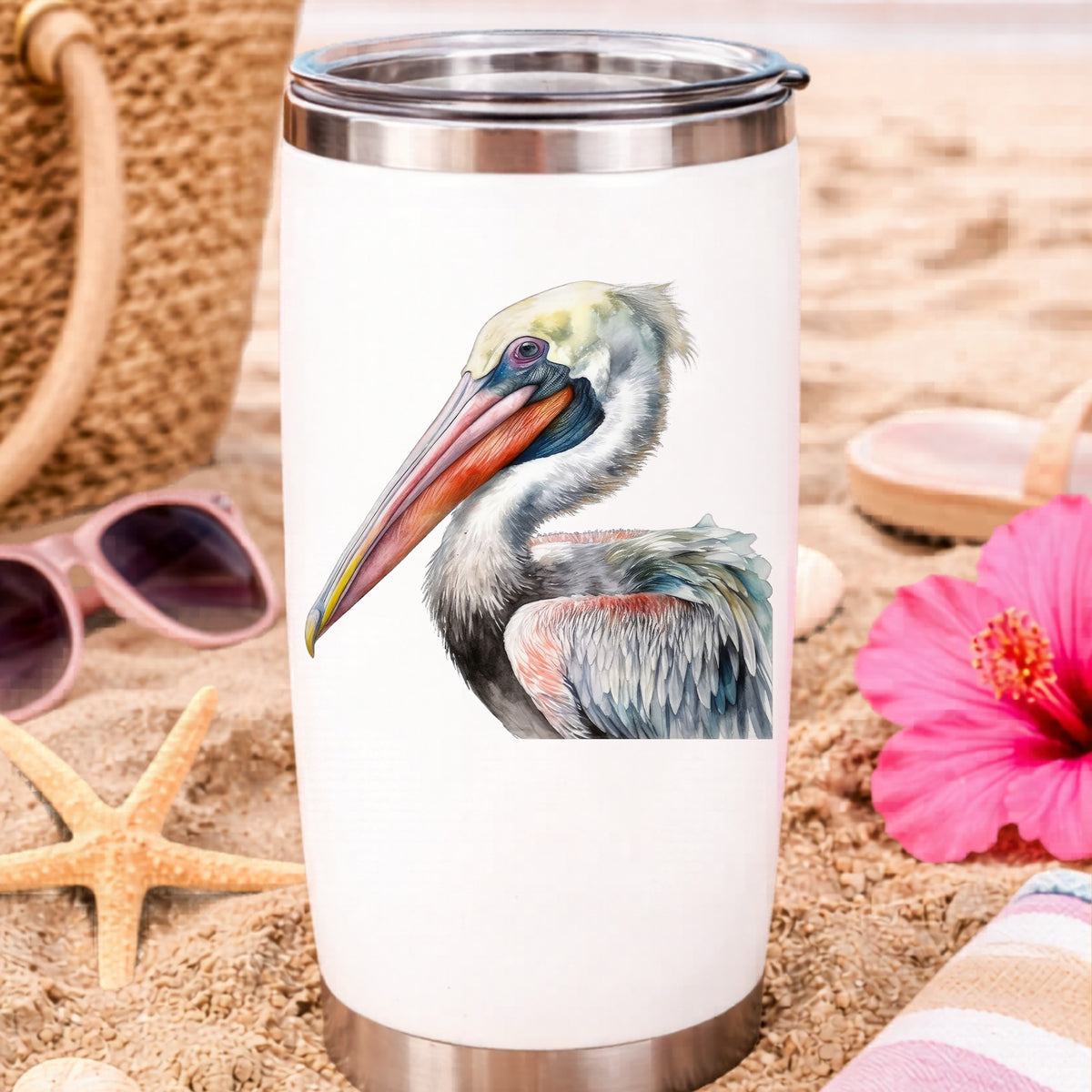 Pelican Portrait UV DTF sticker applied to a water bottle at the beach
