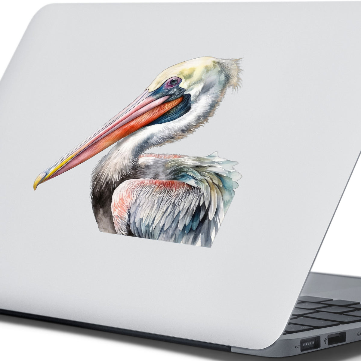 Pelican Portrait UV DTF sticker applied to a laptop