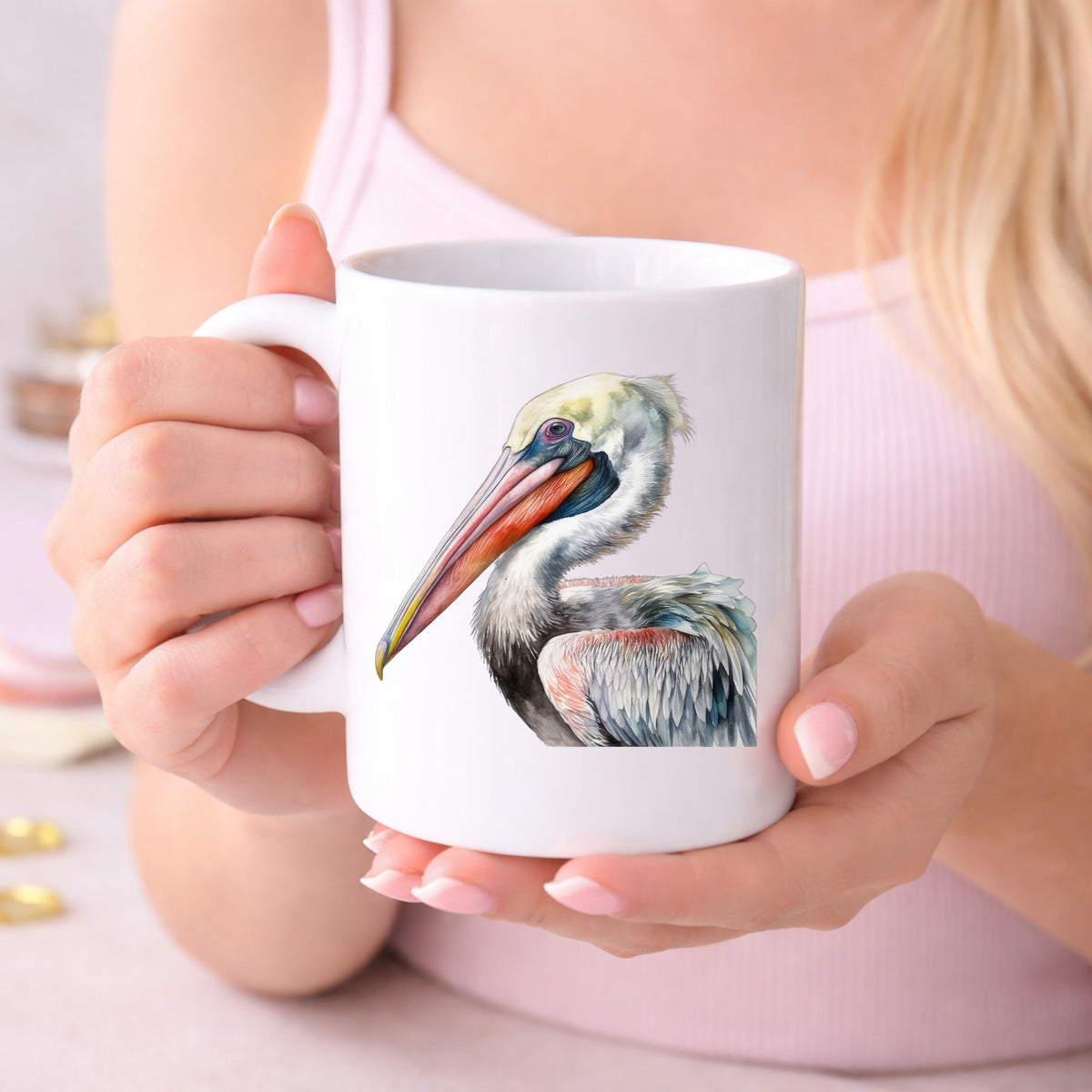 Pelican Portrait UV DTF sticker displayed on a white coffee mug