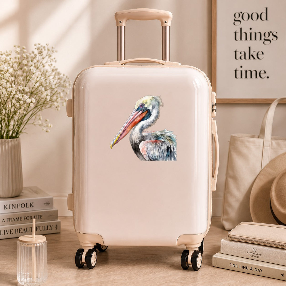 Pelican Portrait UV DTF sticker applied to a neutral suitcase