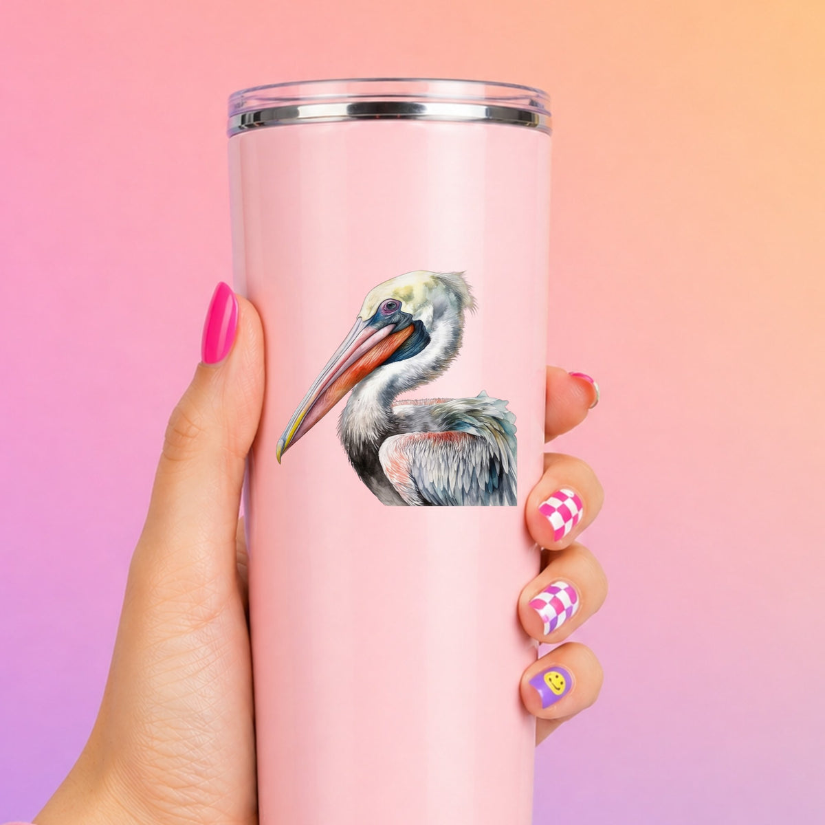 Pelican Portrait UV DTF sticker applied to a pink tumbler