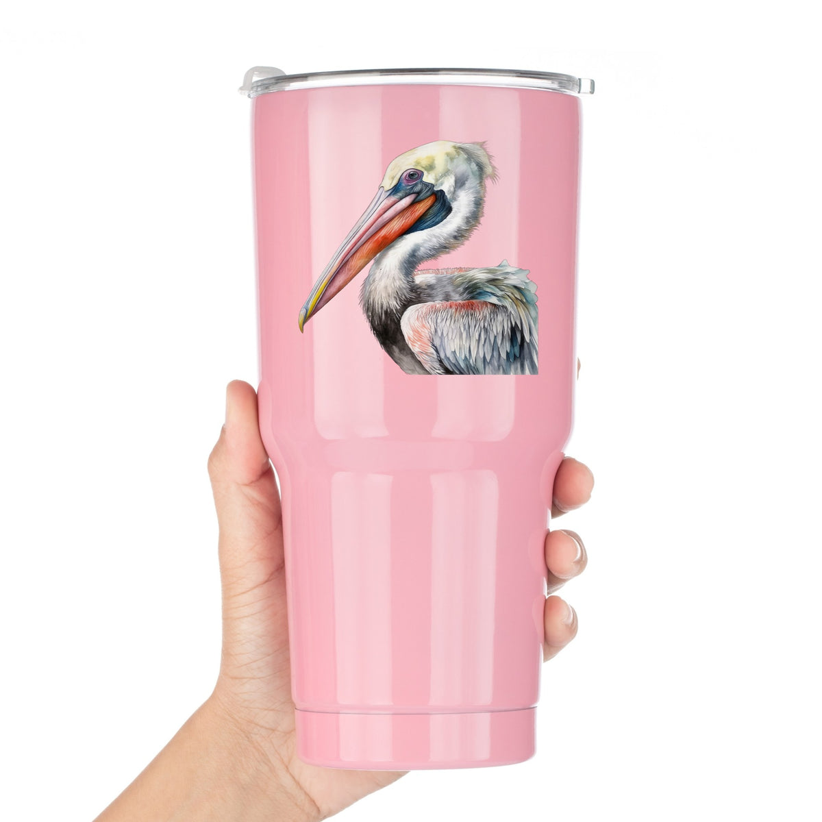 Pelican Portrait UV DTF sticker applied to a pink tumbler