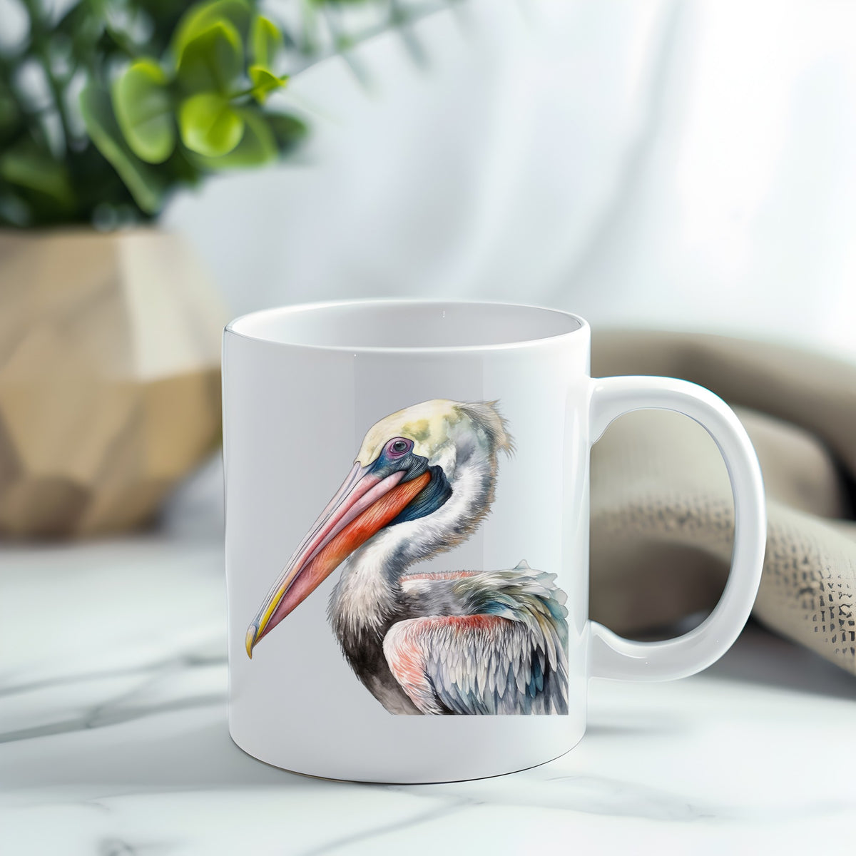 Pelican Portrait UV DTF sticker applied to a white coffee mug
