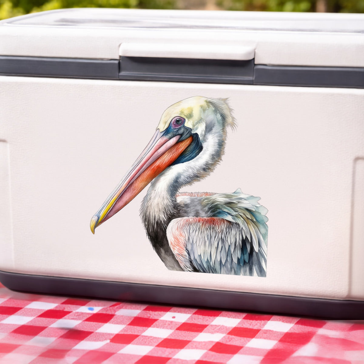Pelican Portrait UV DTF sticker applied to a white cooler