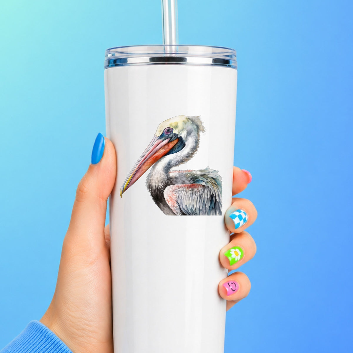 Pelican Portrait UV DTF sticker applied to a white tumbler