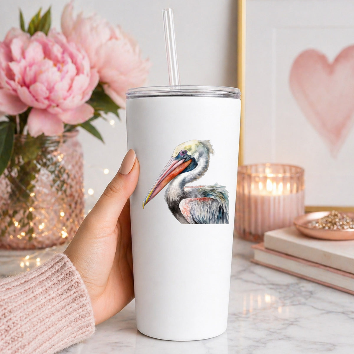 Pelican Portrait UV DTF sticker applied to a white tumbler