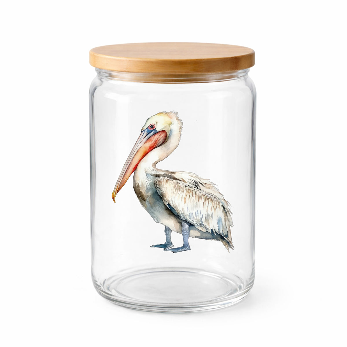 Cream And Orange Pelican UV DTF sticker applied to a clear glass jar with lid