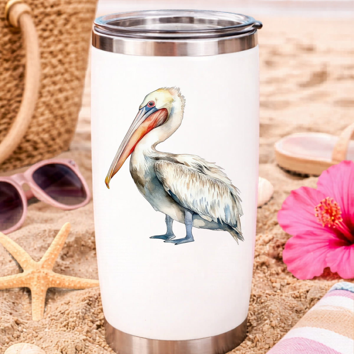 Cream And Orange Pelican UV DTF sticker applied to a water bottle at the beach