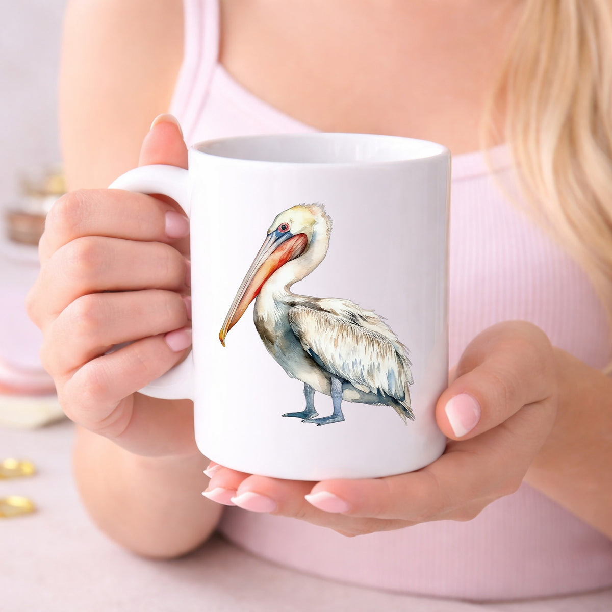 Cream And Orange Pelican UV DTF sticker displayed on a white coffee mug