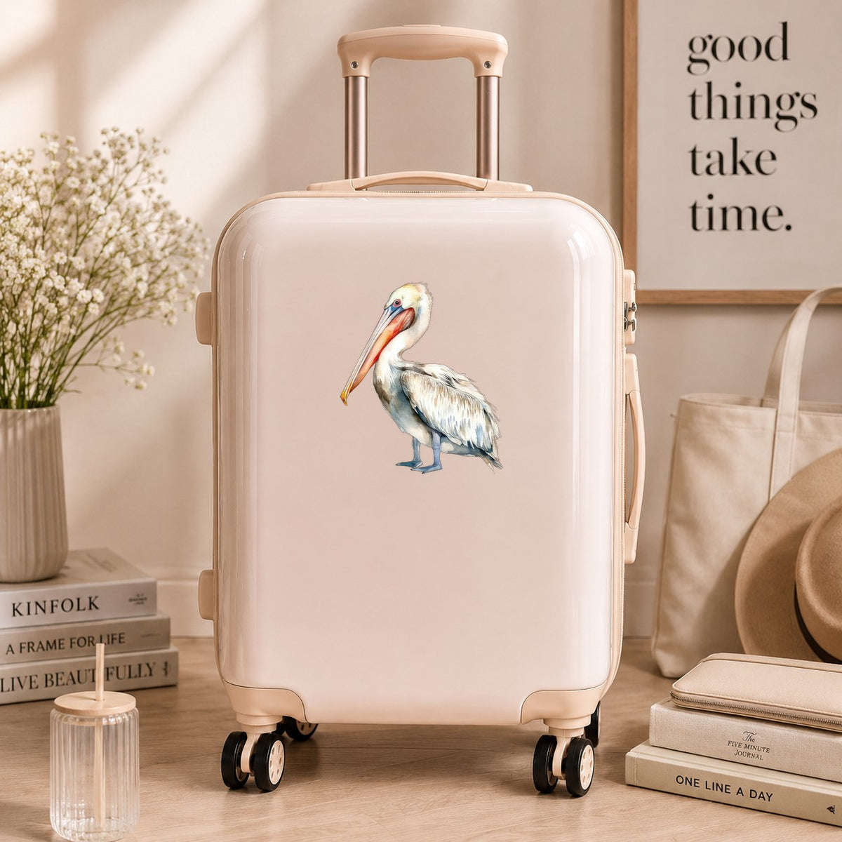 Cream And Orange Pelican UV DTF sticker applied to a neutral suitcase