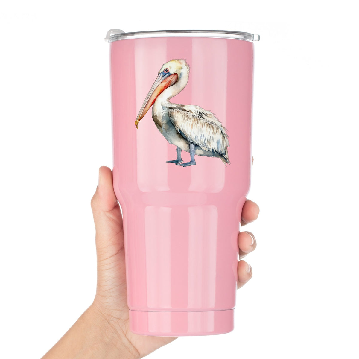 Cream And Orange Pelican UV DTF sticker applied to a pink tumbler