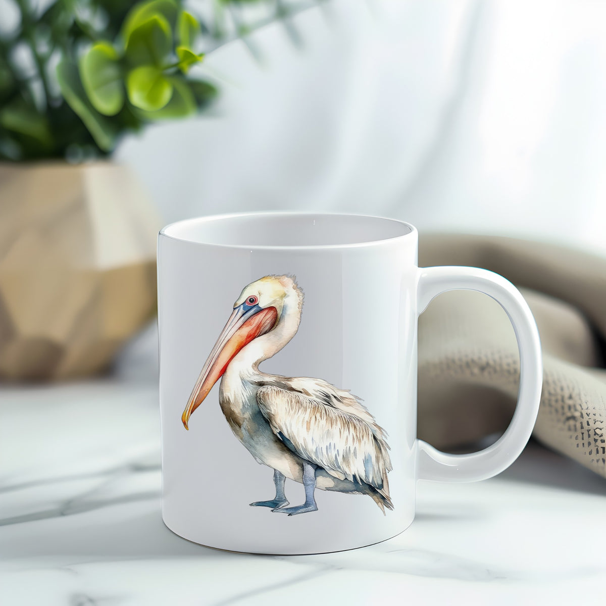 Cream And Orange Pelican UV DTF sticker applied to a white coffee mug