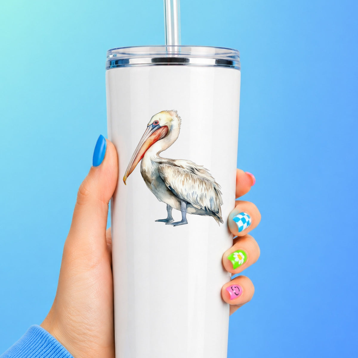 Cream And Orange Pelican UV DTF sticker applied to a white tumbler