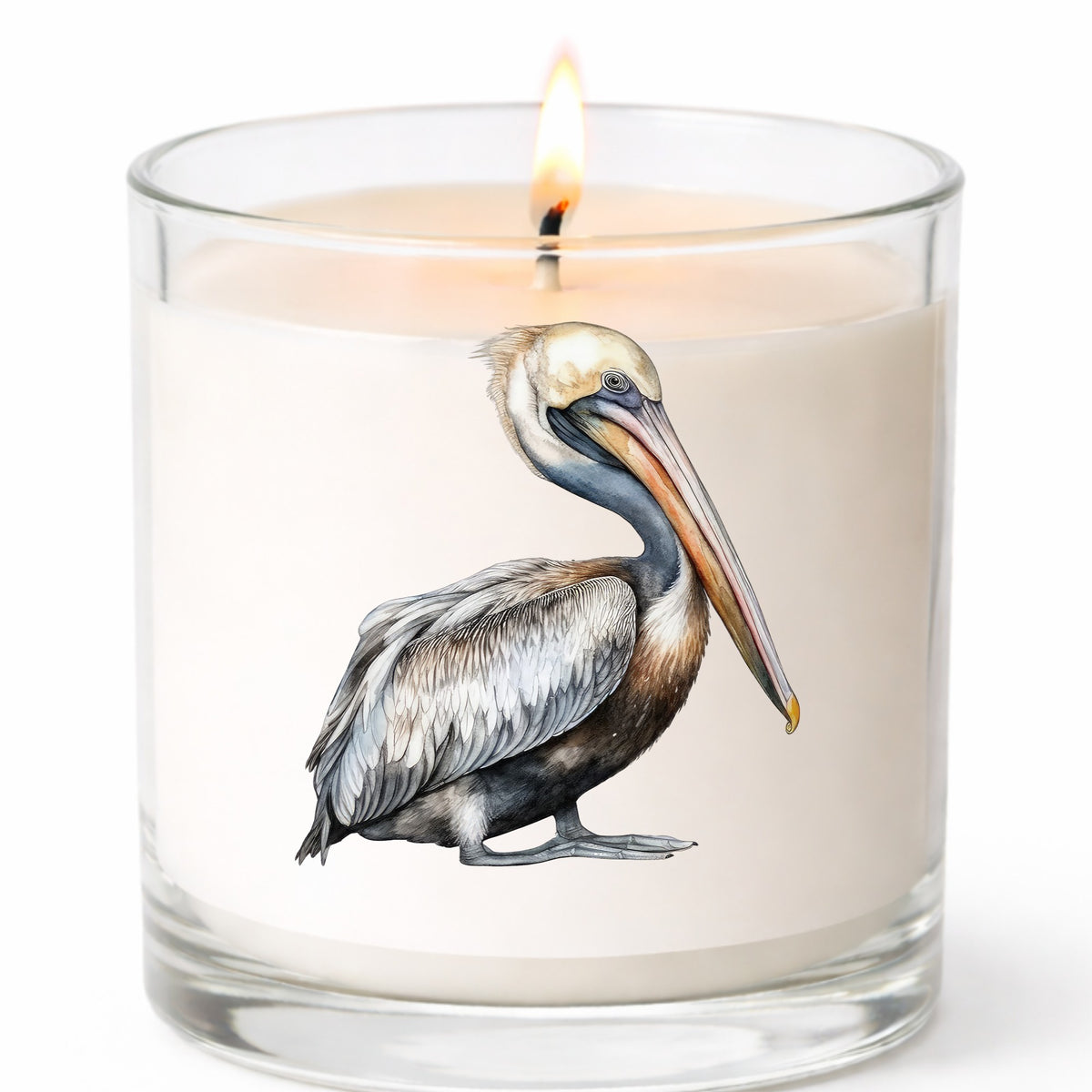 Gray Standing Pelican UV DTF sticker applied to a candle jar