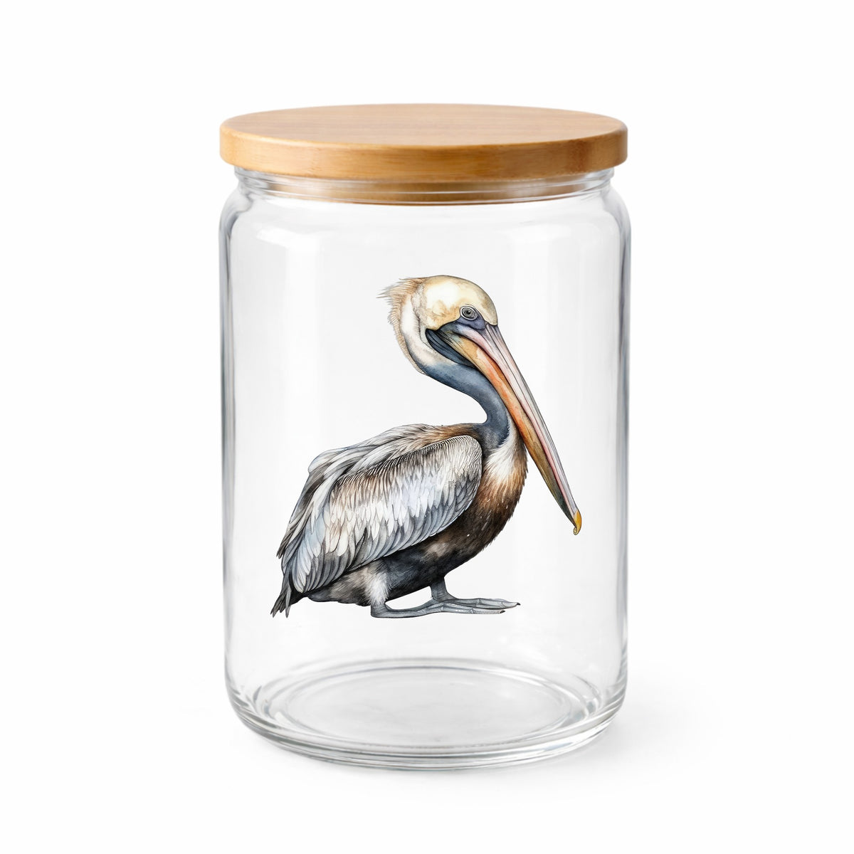 Gray Standing Pelican UV DTF sticker applied to a clear glass jar with lid