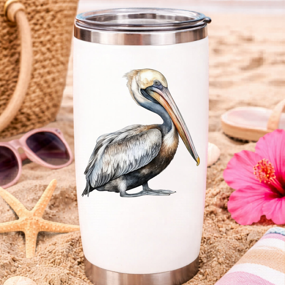 Gray Standing Pelican UV DTF sticker applied to a water bottle at the beach