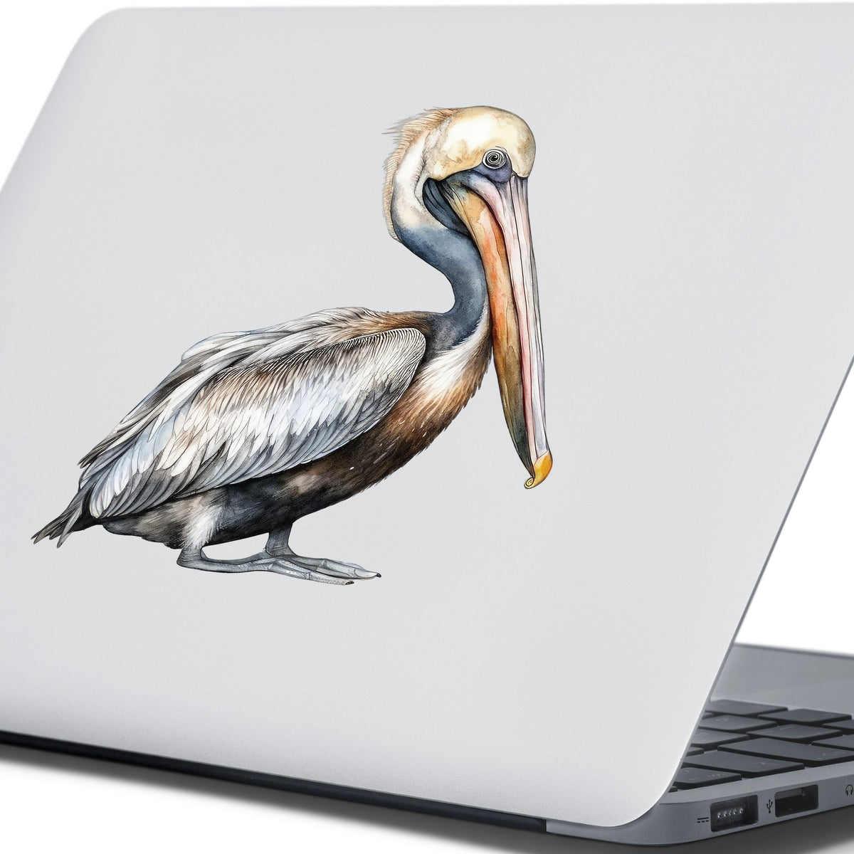 Gray Standing Pelican UV DTF sticker applied to a laptop