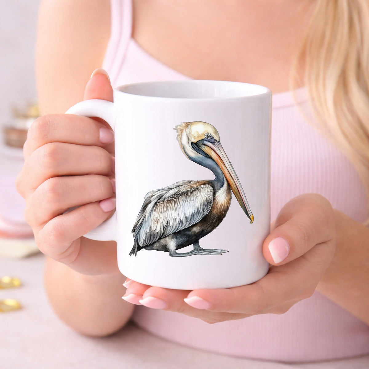 Gray Standing Pelican UV DTF sticker displayed on a white coffee mug
